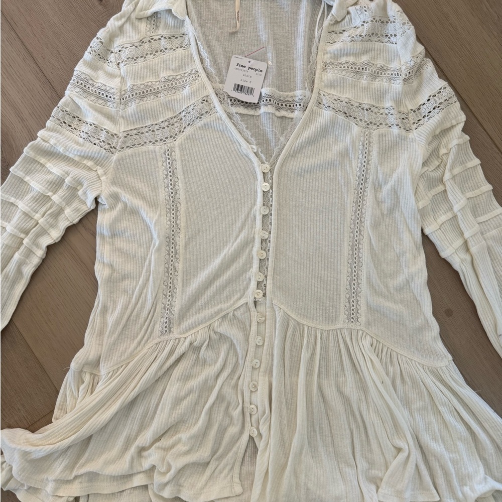 Free People Cream Lace Detail Top